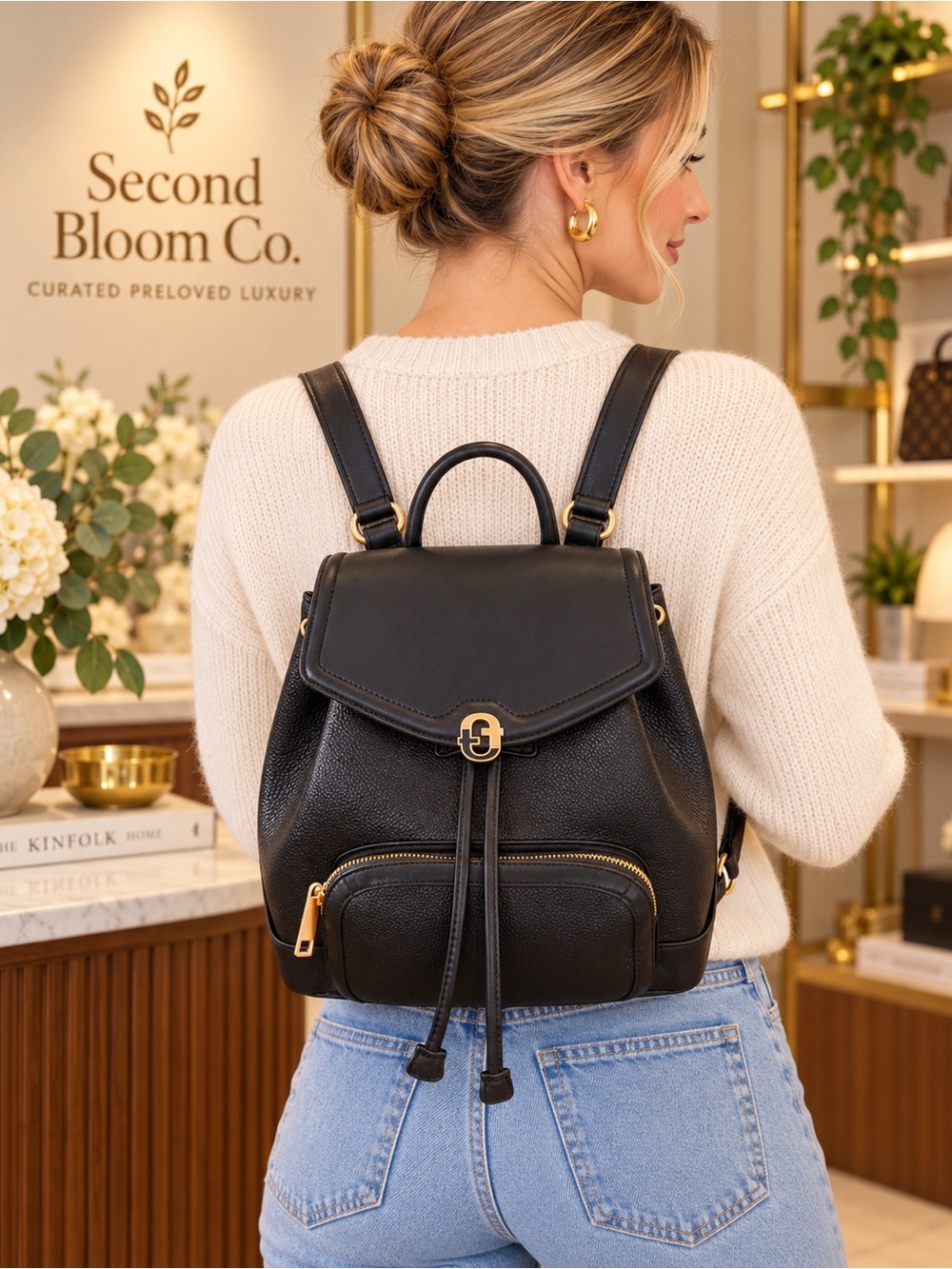 Black Pebbled Drawstring Backpack Purse with Gold-Tone Hardware